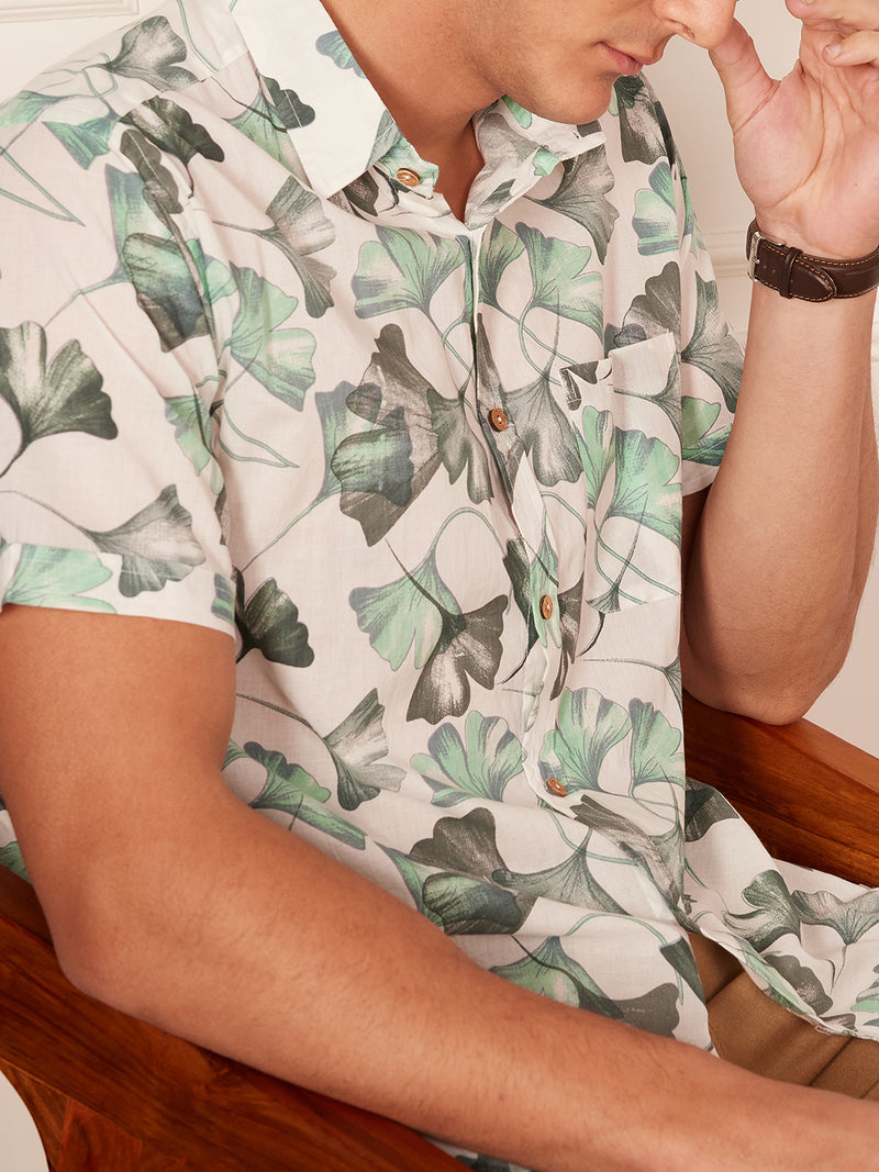 White & Green: Half Sleeves Block Printed Shirt
