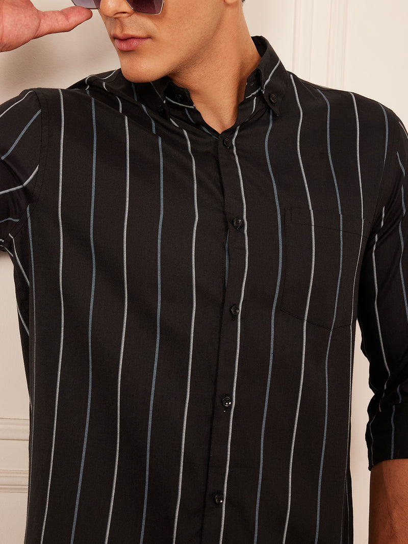Black: Full Sleeve Button-Down Collar Striped Shirt