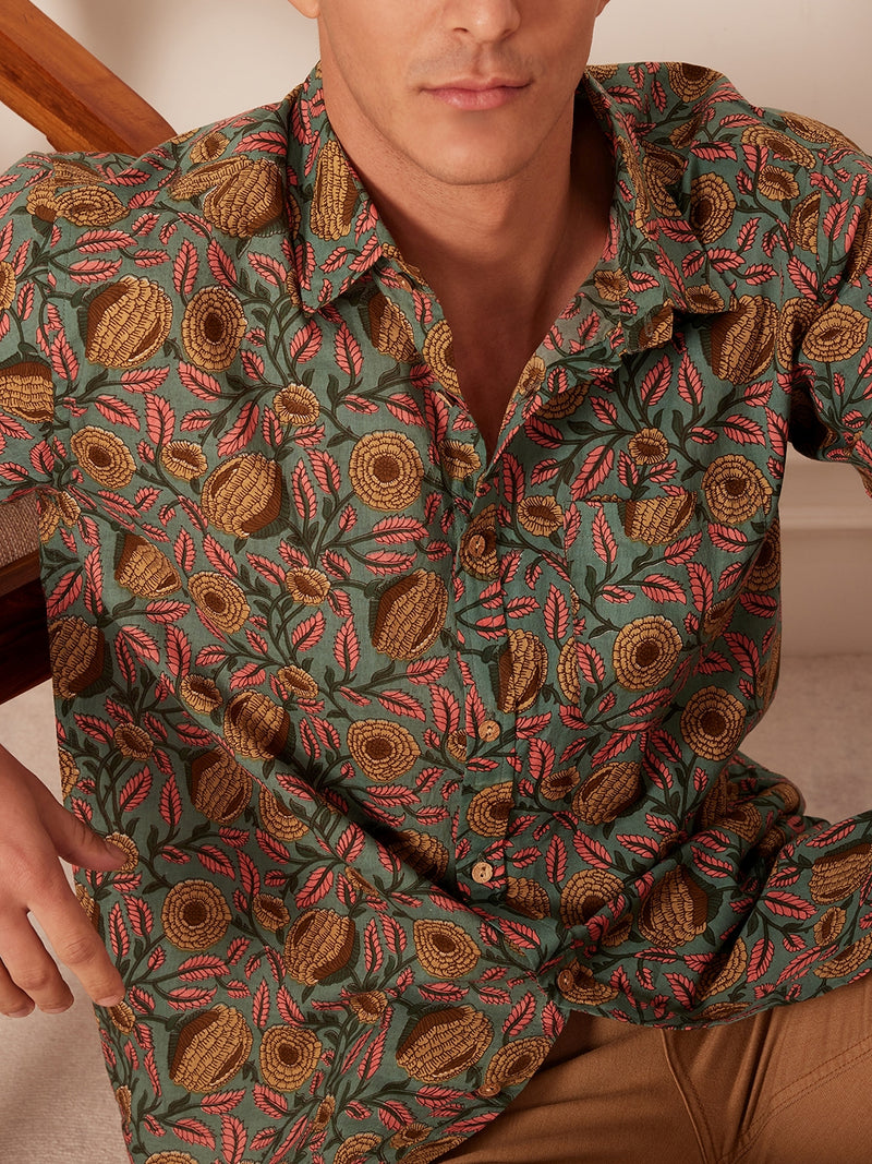 Steel Blue: Half SleevesBlock Printed Shirt