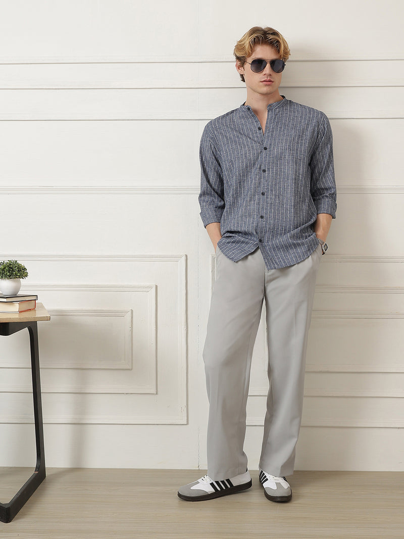 Vertical Striped Mandarin Collar Shirt