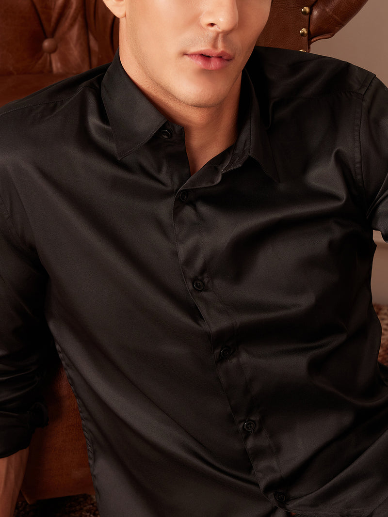 Black: Full Sleeves Satin Party Shirt