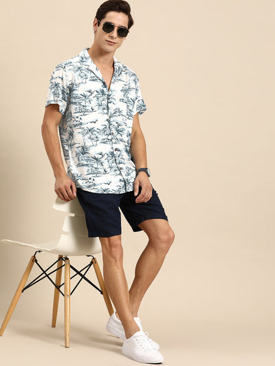 White: Half Sleeves Cuban Collar Casual Floral Printed Shirt
