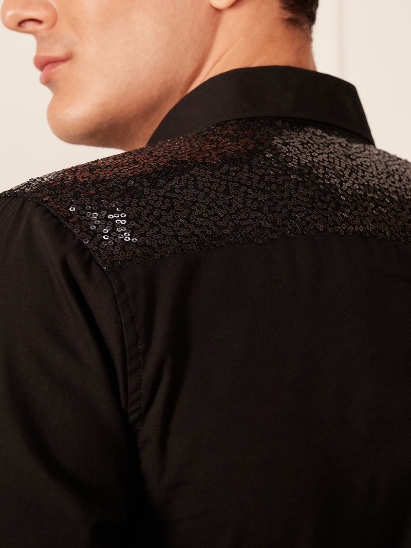 Black: Full Sleeves Seqinned Shoulder Party Shirt