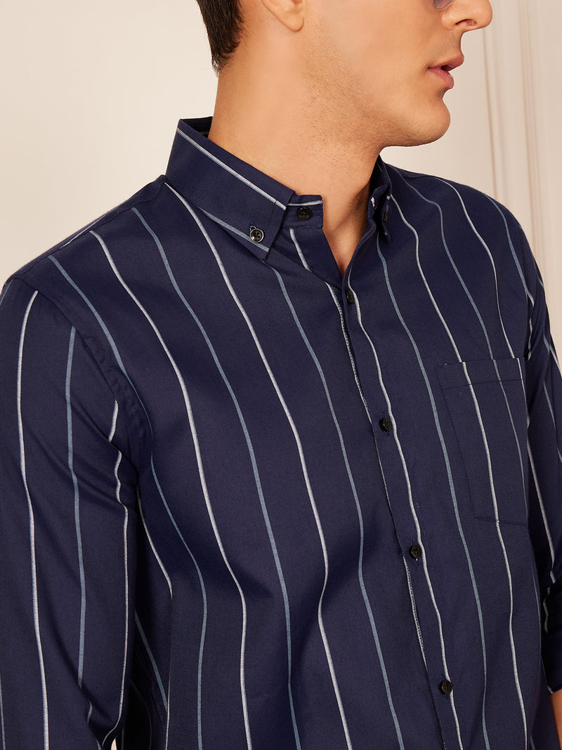 Navy Blue & White: Full Sleeve Button-Down Collar Striped Shirt