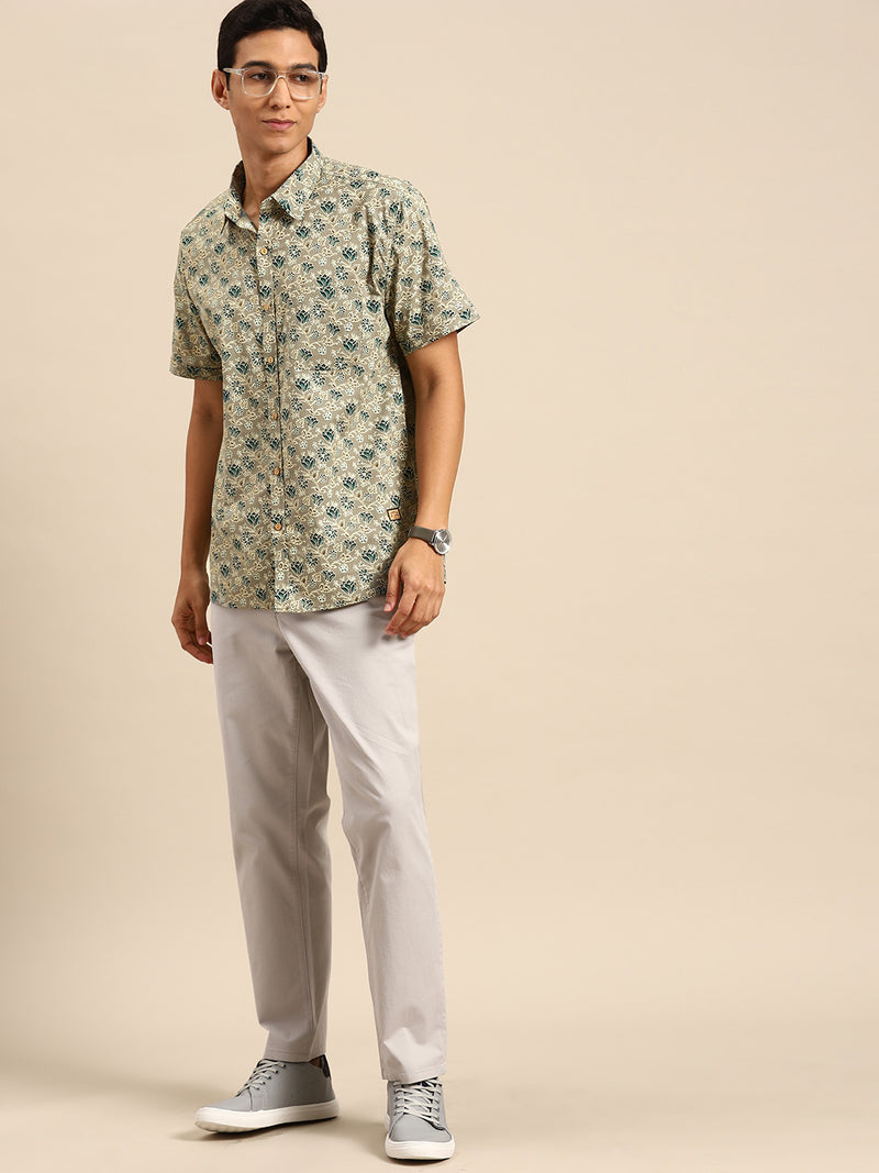 DENNISON Men Olive Green Block Printed Shirt