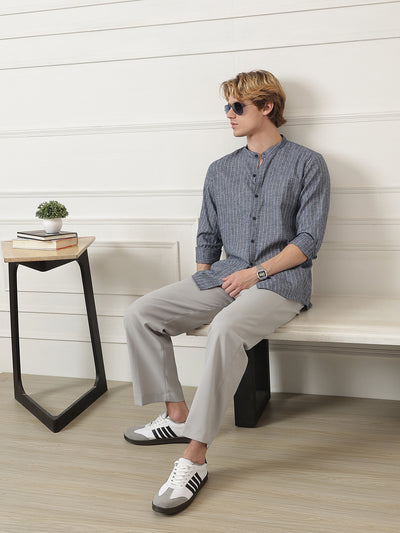 Vertical Striped Mandarin Collar Shirt