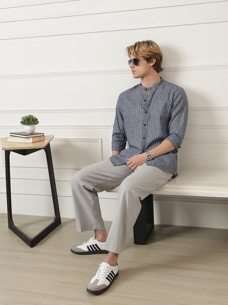 Vertical Striped Mandarin Collar Shirt