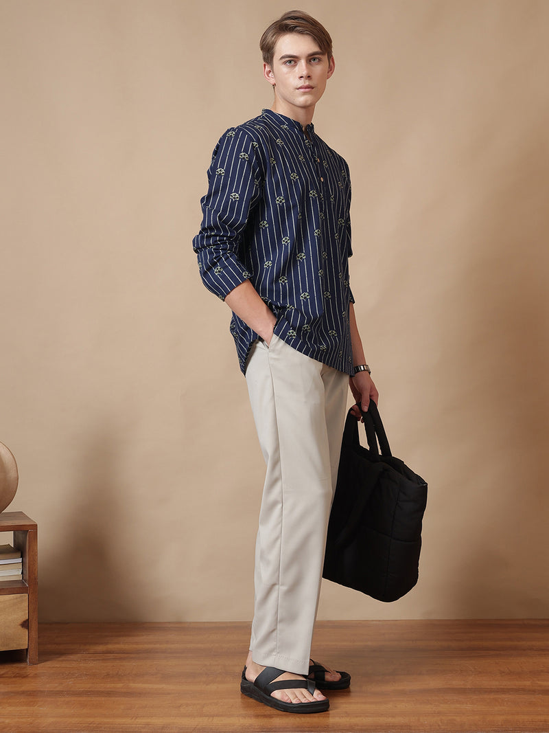 Mandarin Flower Striped Short Kurta