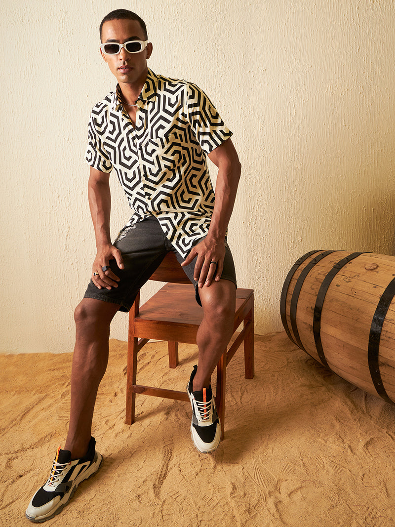 DENNISON Men Cream-coloured Block Printed Shirt