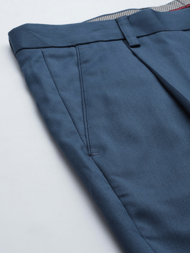 DENNISON Men Teal Blue Smart Tapered Fit Pleated Trousers