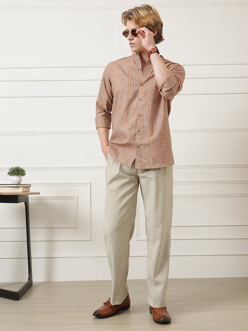 Vertical Striped Mandarin Collar Shirt