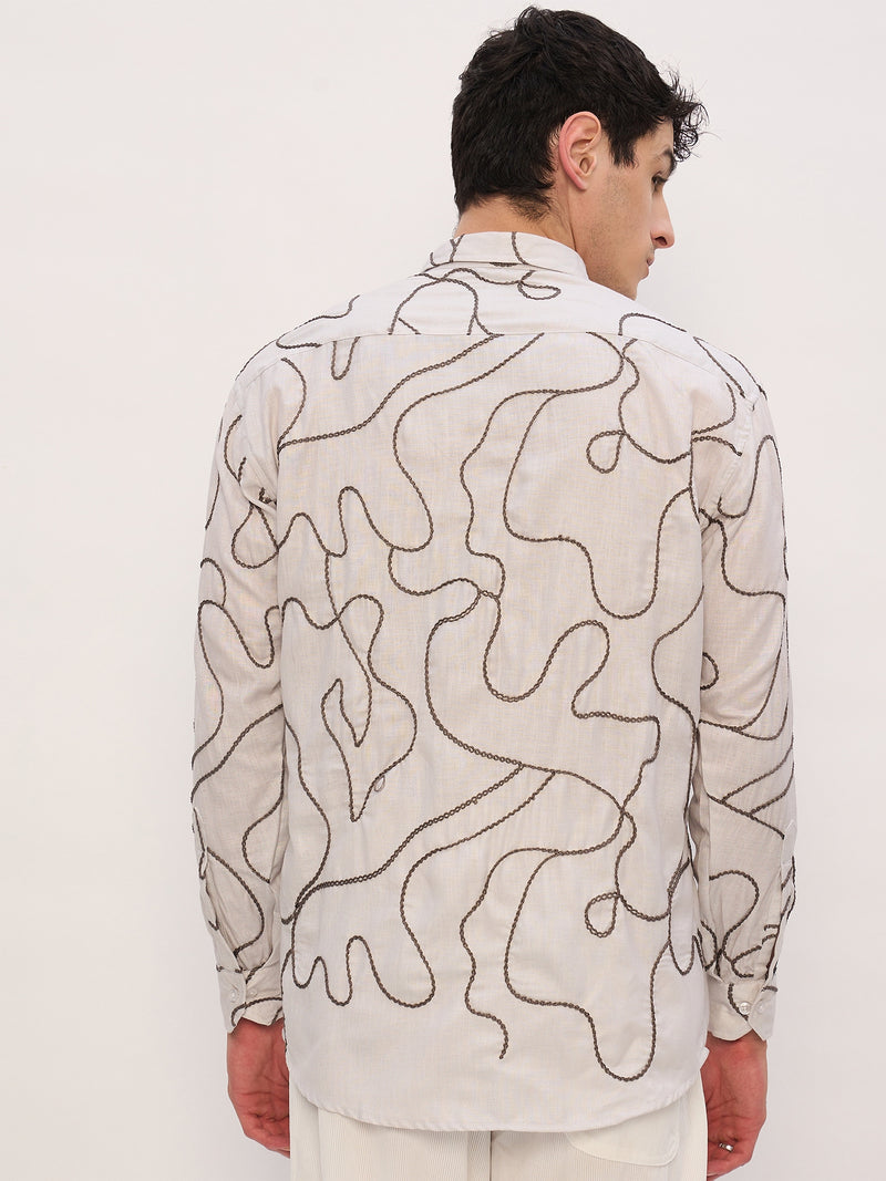 Beige & Grey: Half Sleeves Embroidered Shirt