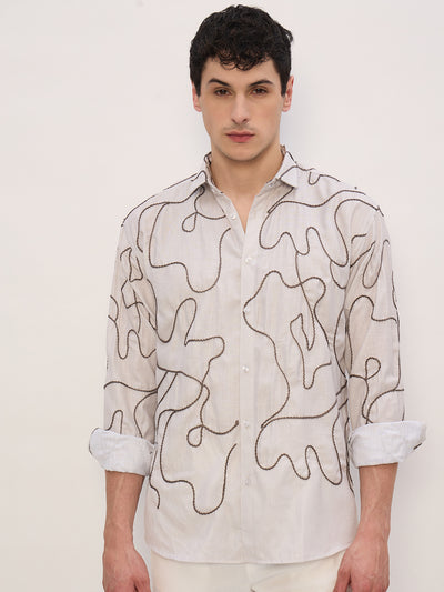 Beige & Grey: Half Sleeves Embroidered Shirt