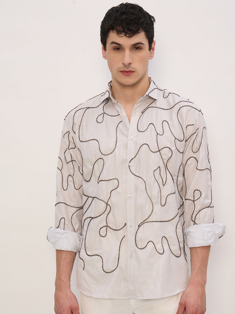 Beige & Grey: Half Sleeves Embroidered Shirt
