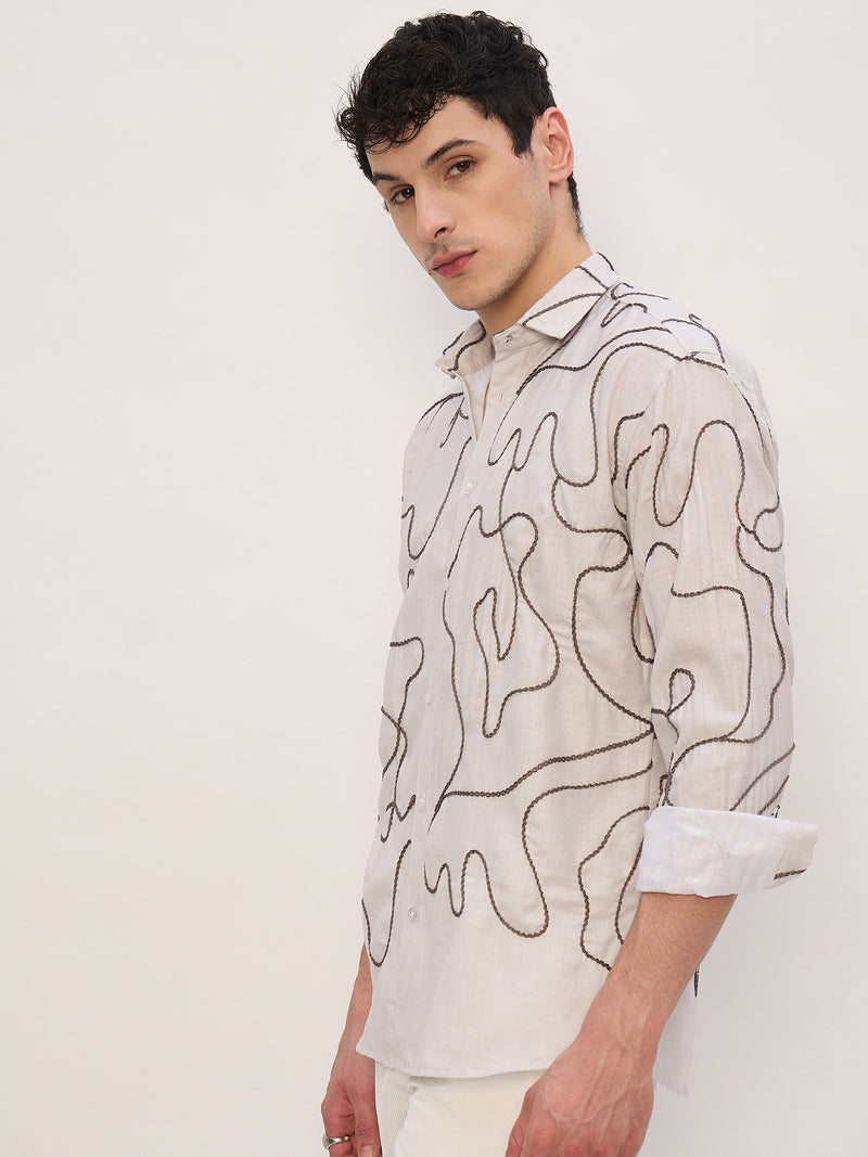 Beige & Grey: Half Sleeves Embroidered Shirt
