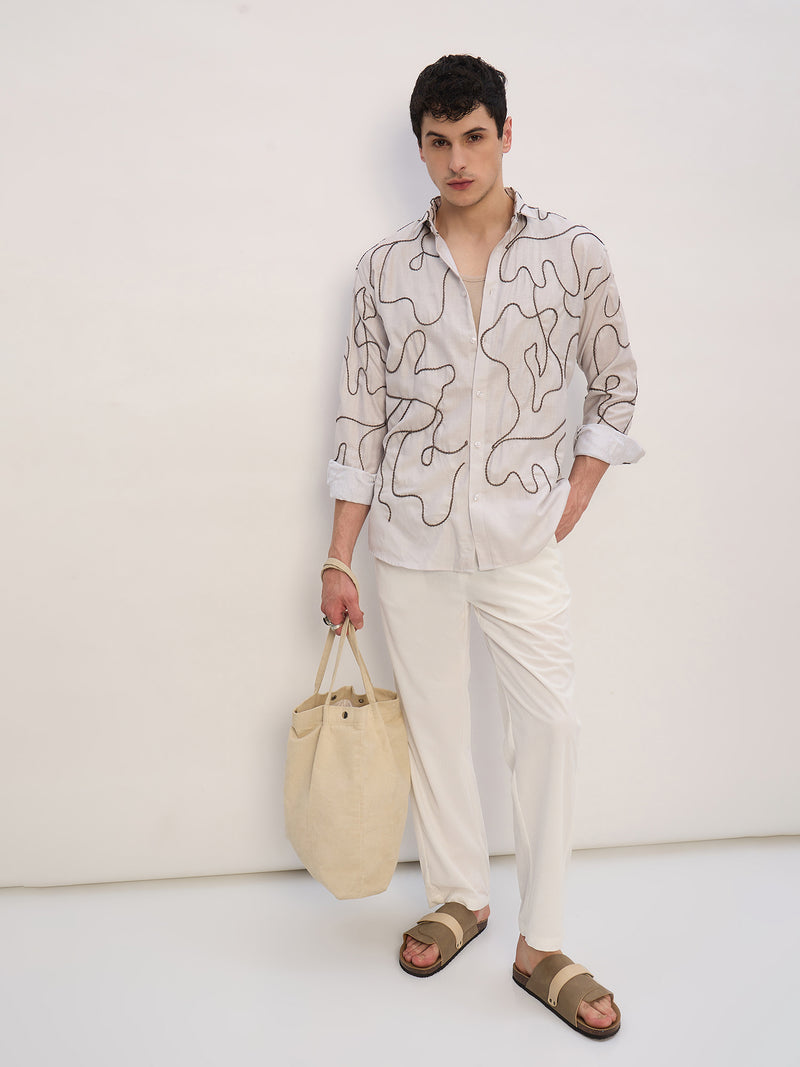 Beige & Grey: Half Sleeves Embroidered Shirt
