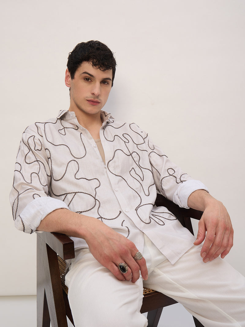 Beige & Grey: Half Sleeves Embroidered Shirt