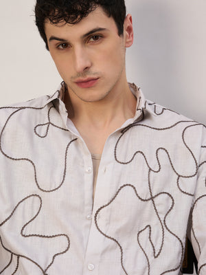 Beige & Grey: Half Sleeves Embroidered Shirt