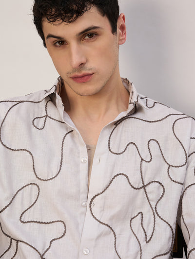 Beige & Grey: Half Sleeves Embroidered Shirt