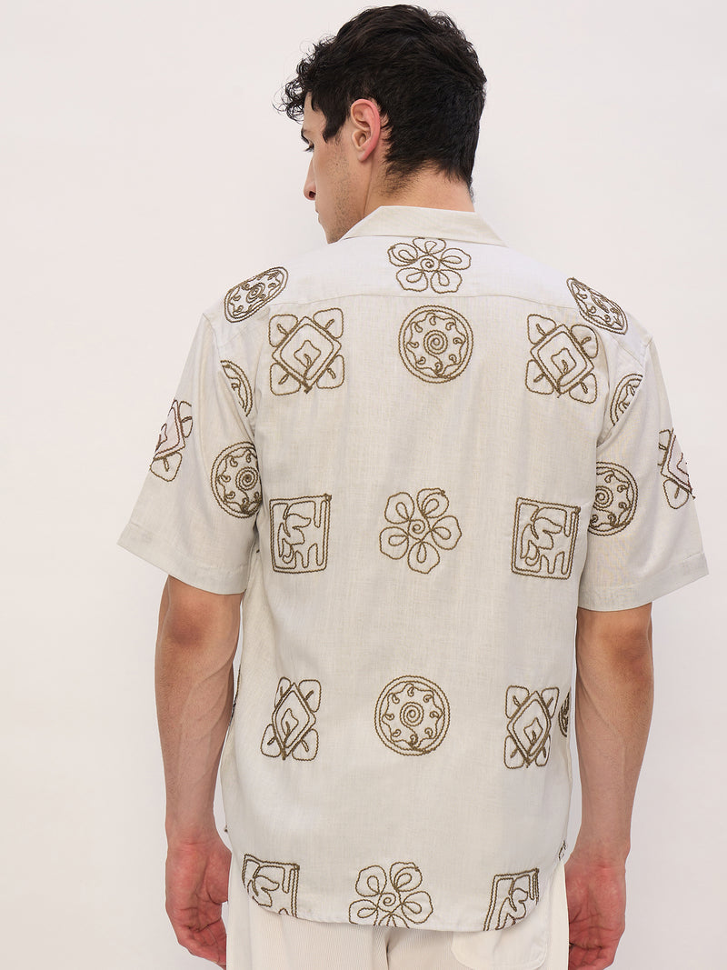 Beige: Half Sleeves Embroidered Shirt