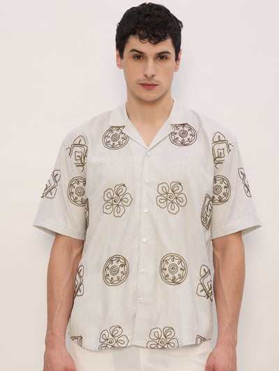 Beige: Half Sleeves Embroidered Shirt
