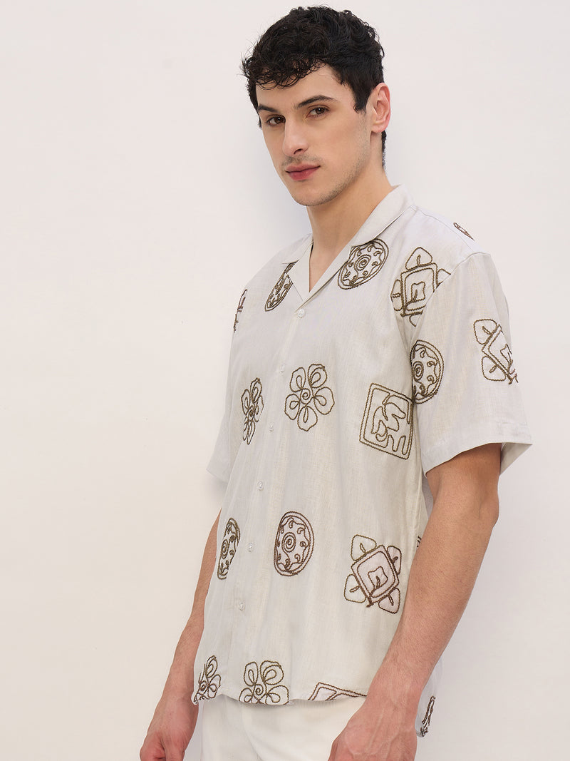 Beige: Half Sleeves Embroidered Shirt