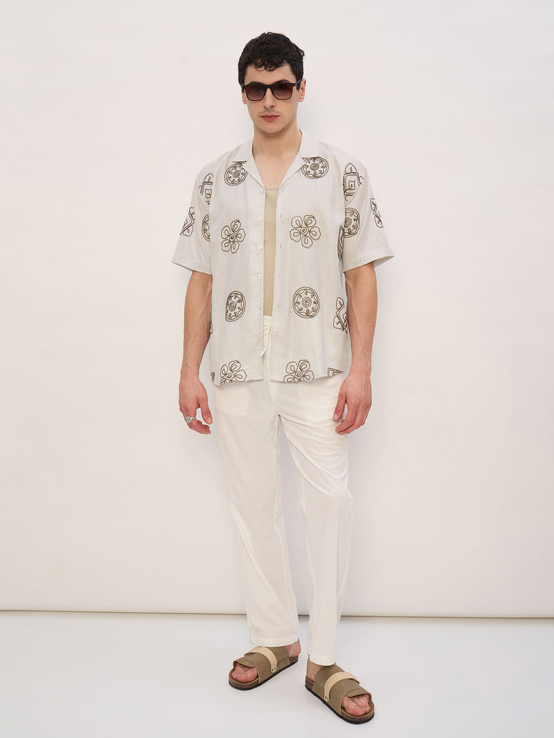 Beige: Half Sleeves Embroidered Shirt
