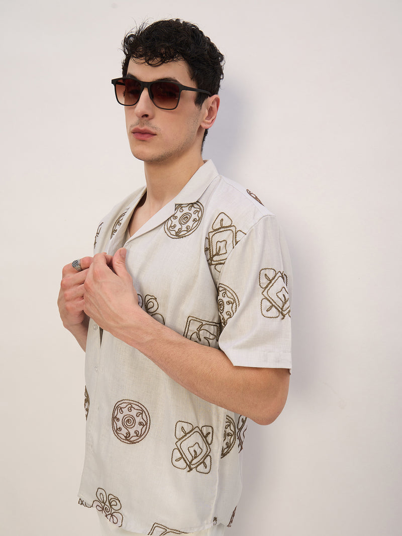 Beige: Half Sleeves Embroidered Shirt