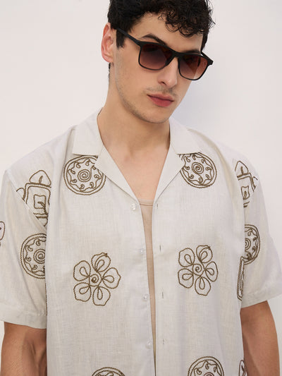Beige: Half Sleeves Embroidered Shirt