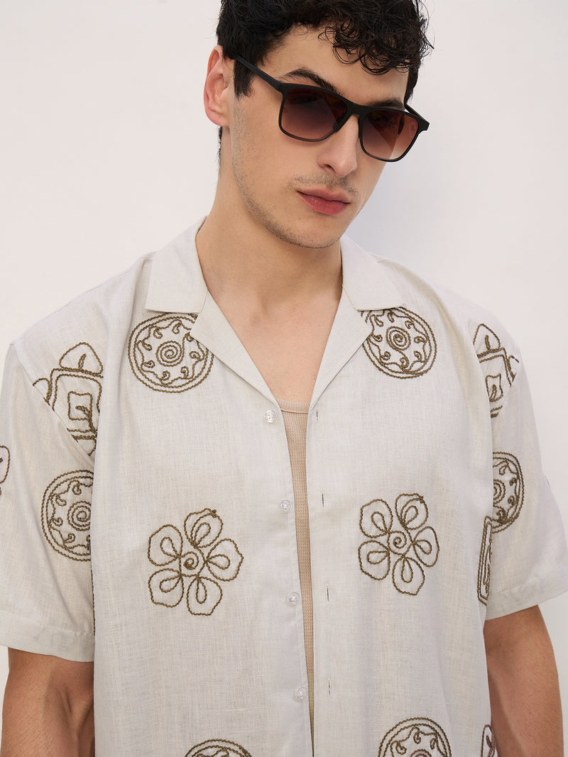 Beige: Half Sleeves Embroidered Shirt