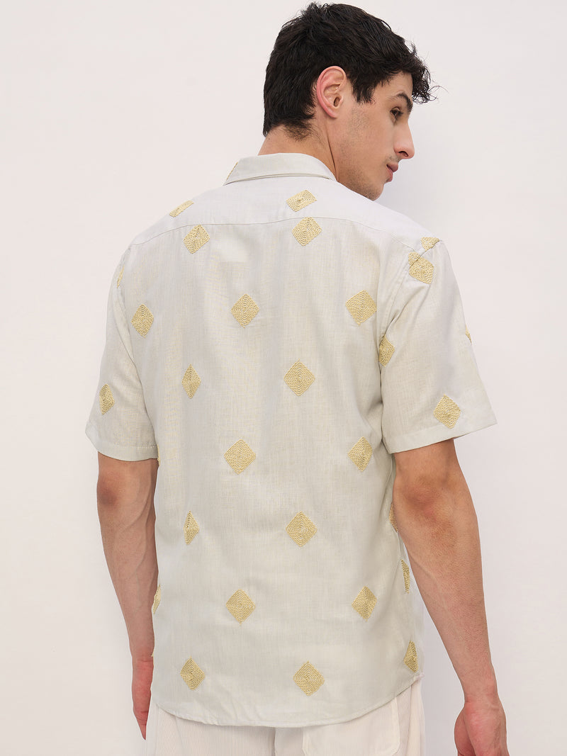 Beige: Half Sleeves Embroidered Shirt