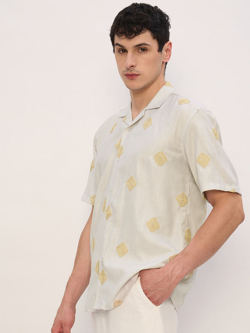 Beige: Half Sleeves Embroidered Shirt