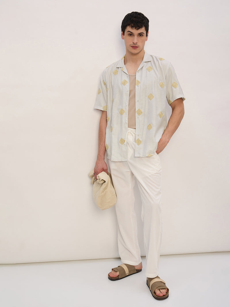 Beige: Half Sleeves Embroidered Shirt