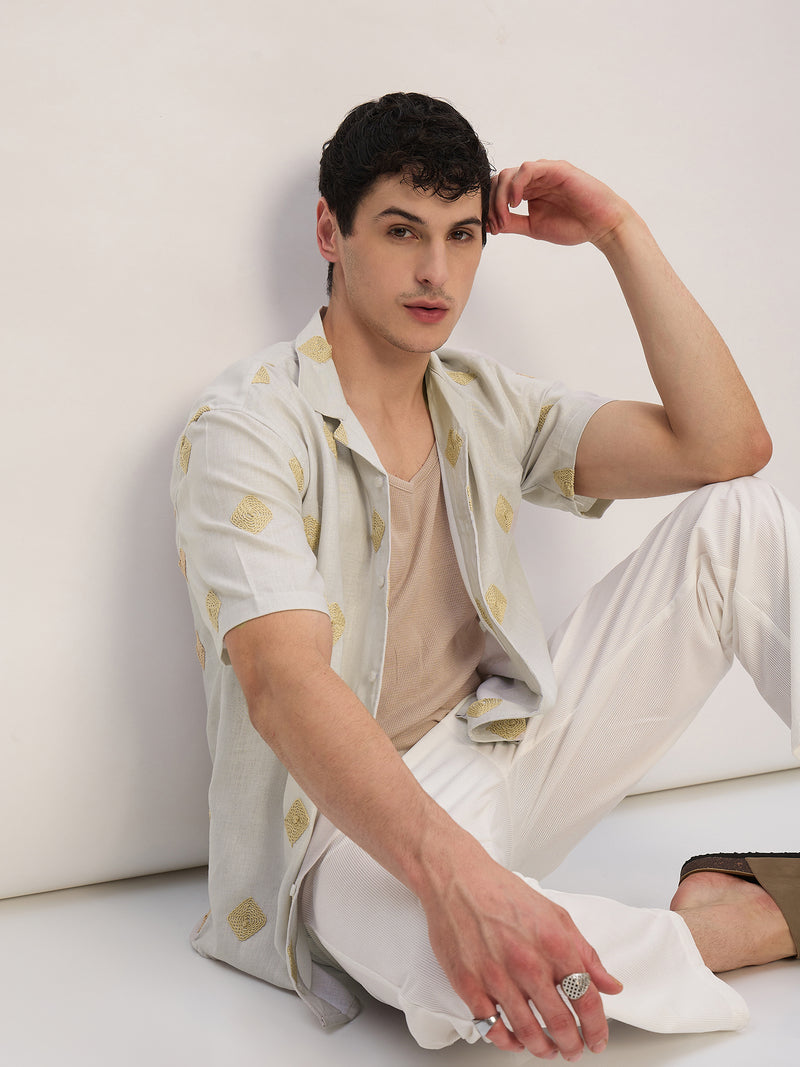 Beige: Half Sleeves Embroidered Shirt