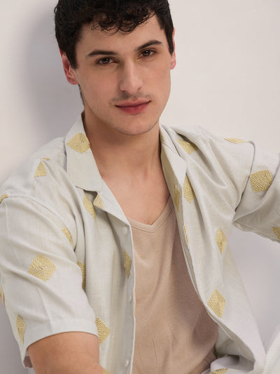 Beige: Half Sleeves Embroidered Shirt