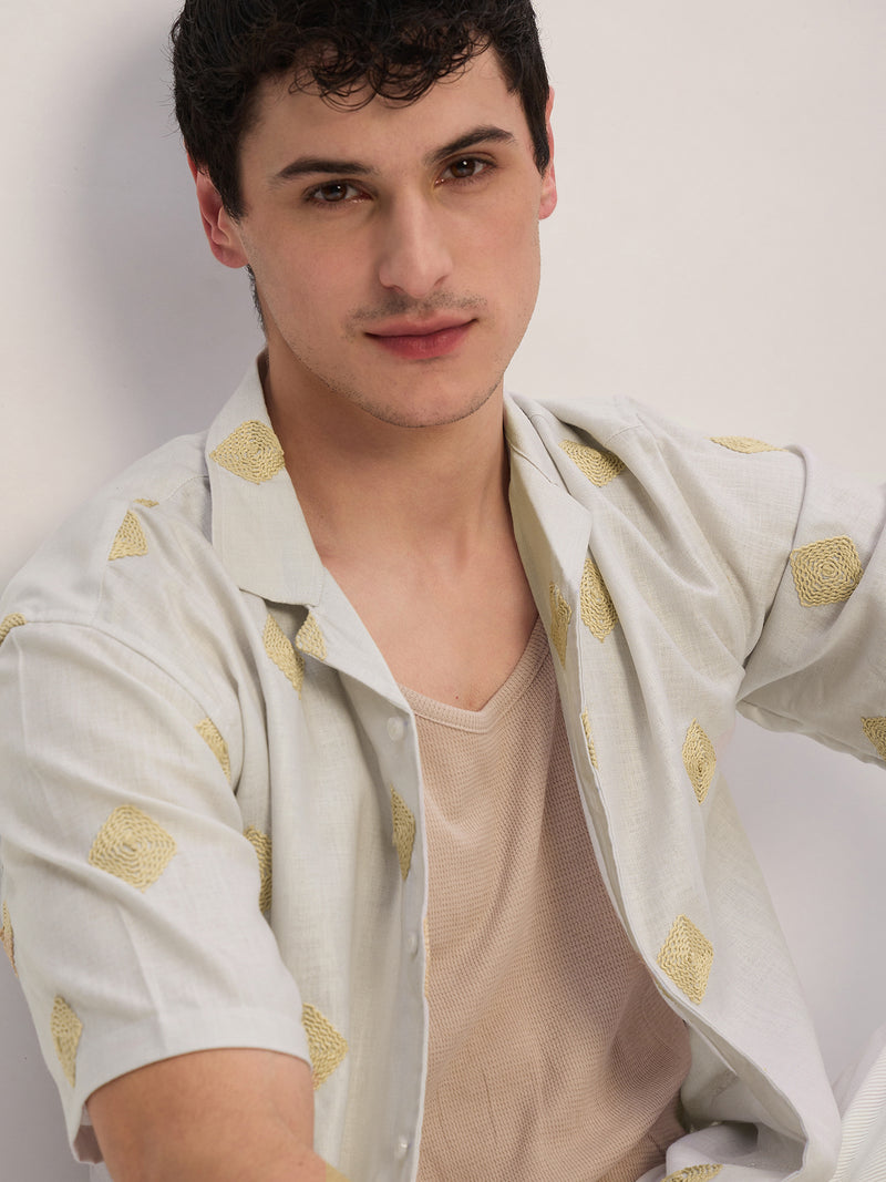 Beige: Half Sleeves Embroidered Shirt
