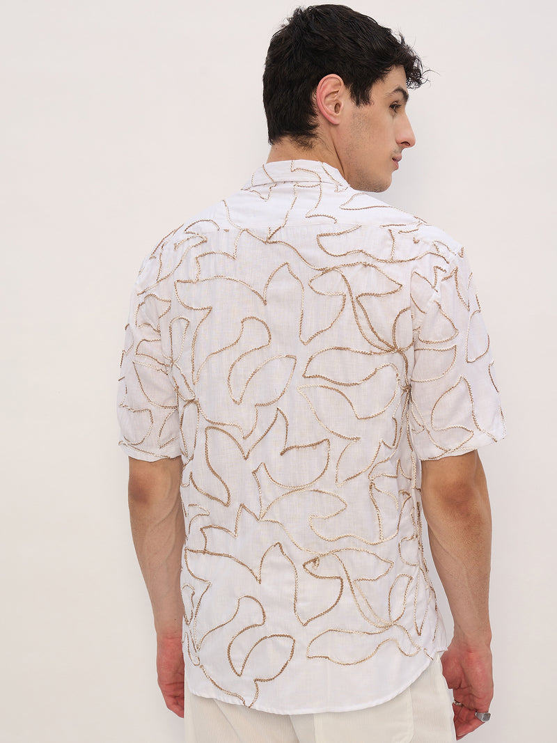 White & Brown: Half Sleeves Embroidered Shirt