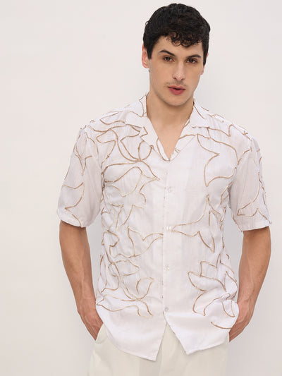 White & Brown: Half Sleeves Embroidered Shirt