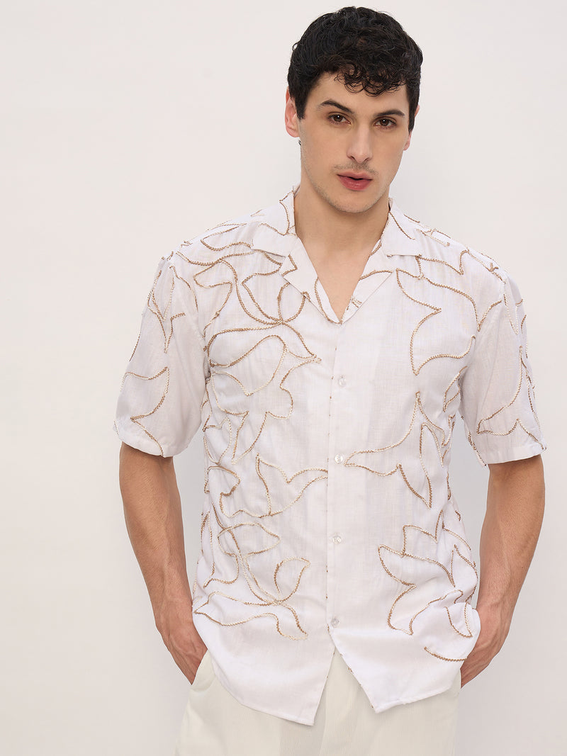 White & Brown: Half Sleeves Embroidered Shirt