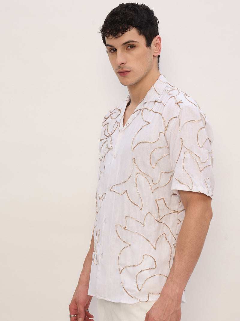 White & Brown: Half Sleeves Embroidered Shirt