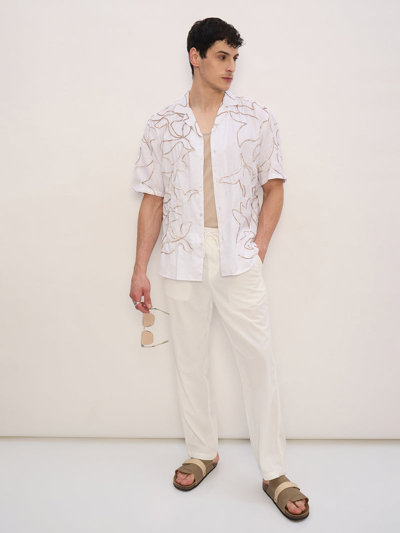 White & Brown: Half Sleeves Embroidered Shirt