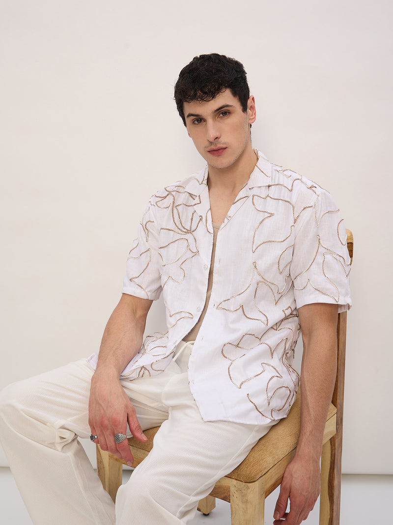 White & Brown: Half Sleeves Embroidered Shirt