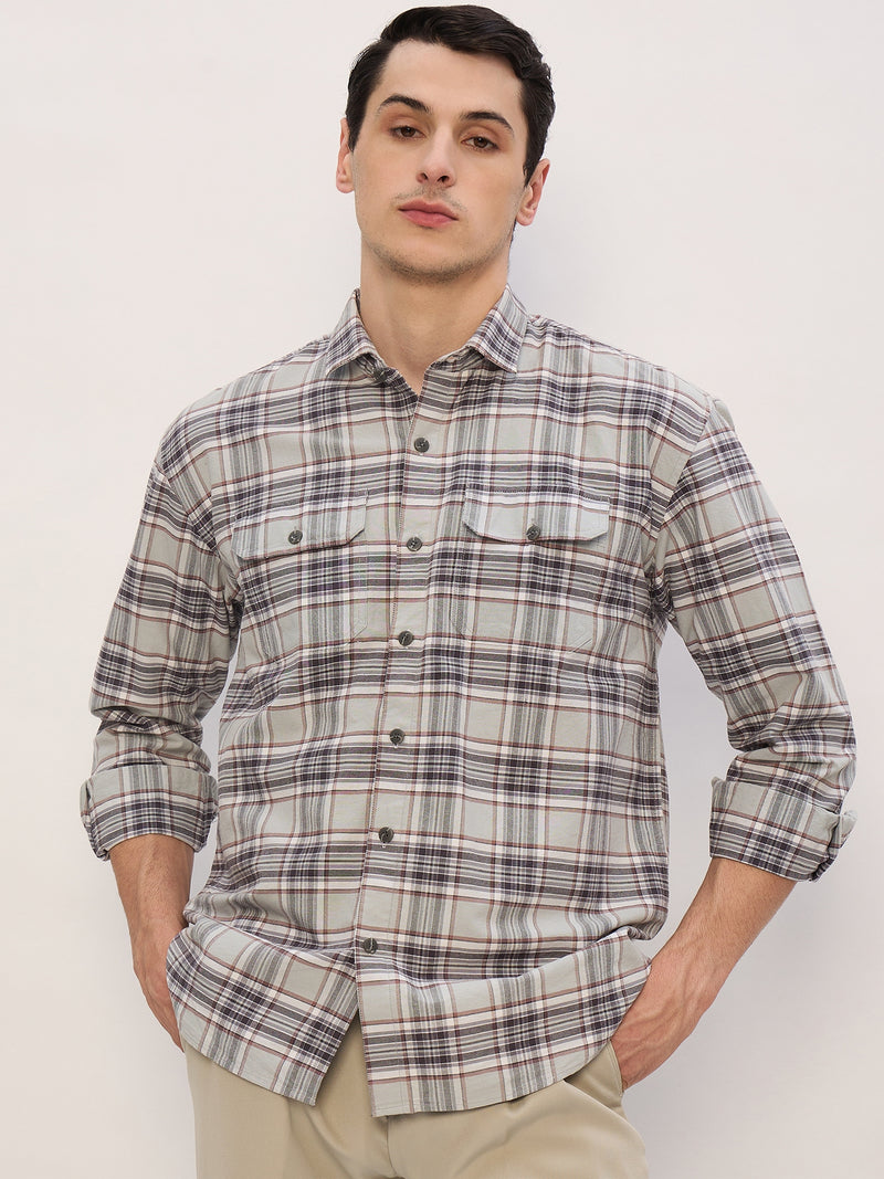 Mint & Grey: Full Sleeves Double Pocket Checkered Shirt