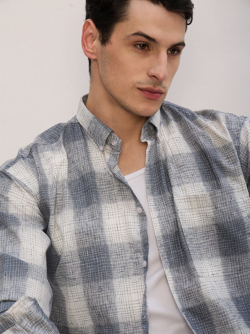 Grey & White: Full Sleeves Checkered Shirt