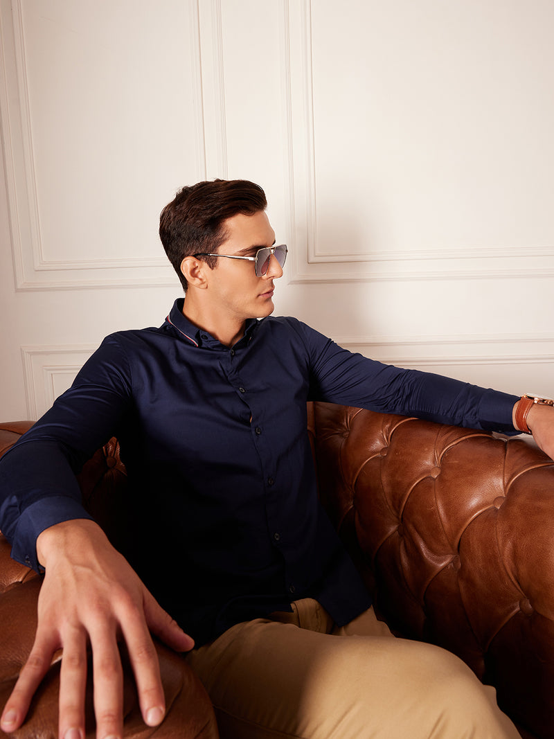 Navy Blue: Full Sleeves Tape On Collar Formal Shirt