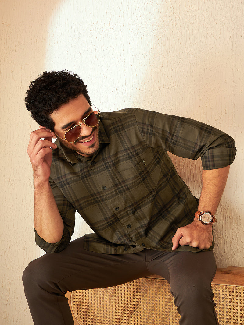 DENNISON Olive Smart Tartan Checks Checked Casual Shirt