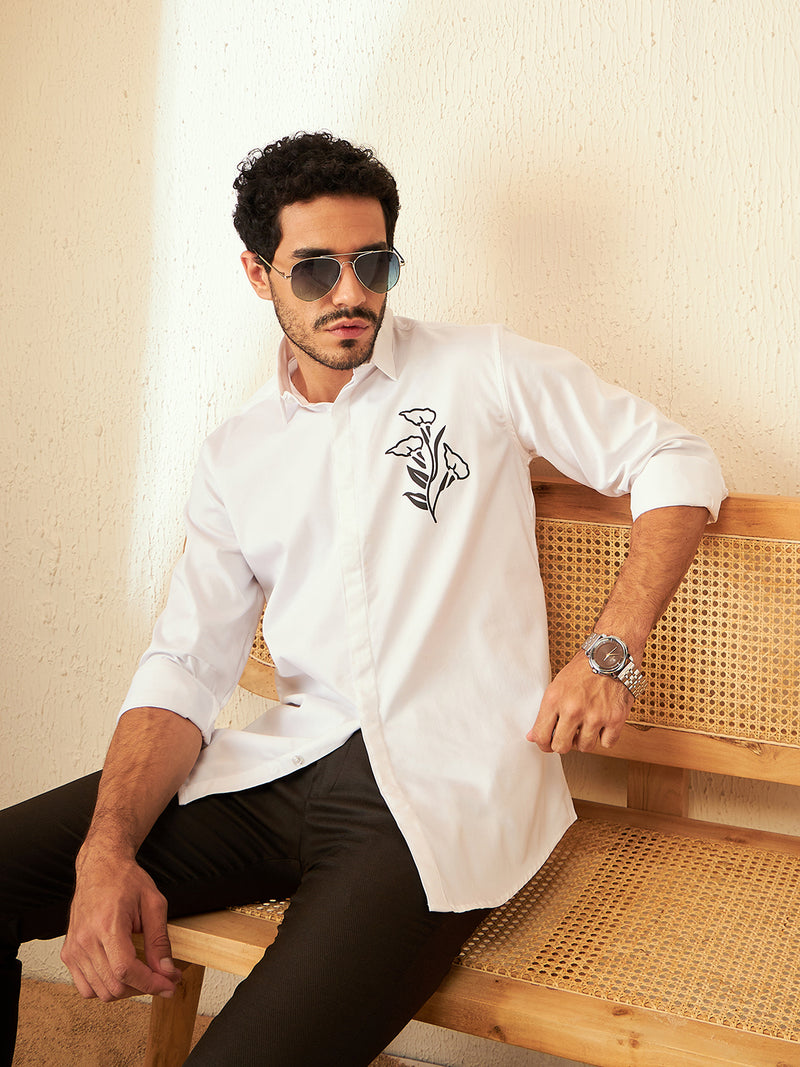 White: Full Sleeves Floral Printed Casual Shirt