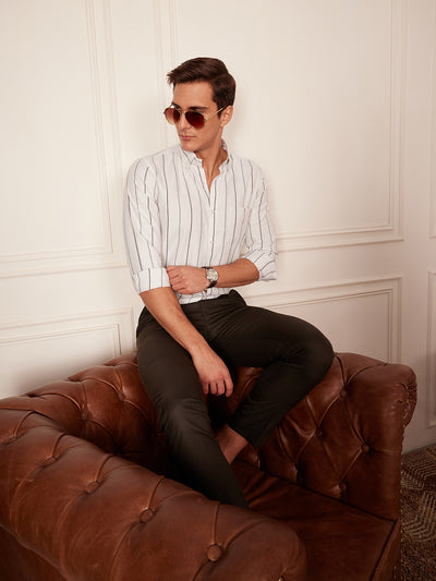 White & Grey: Full Sleeve Button-Down Collar Striped Shirt
