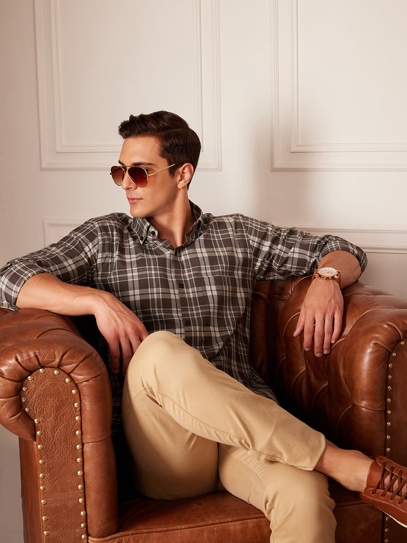 DENNISON Smart Tartan Checked Button-Down Collar Cotton Casual Shirt