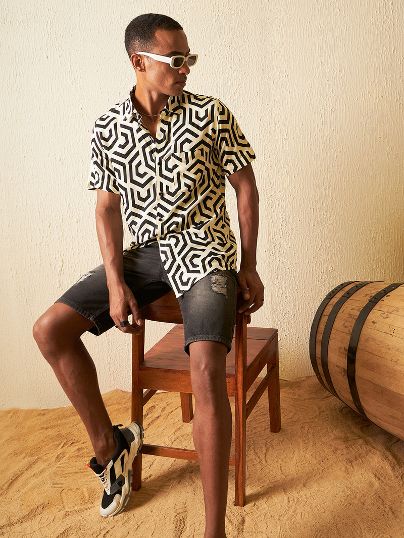 DENNISON Men Cream-coloured Block Printed Shirt